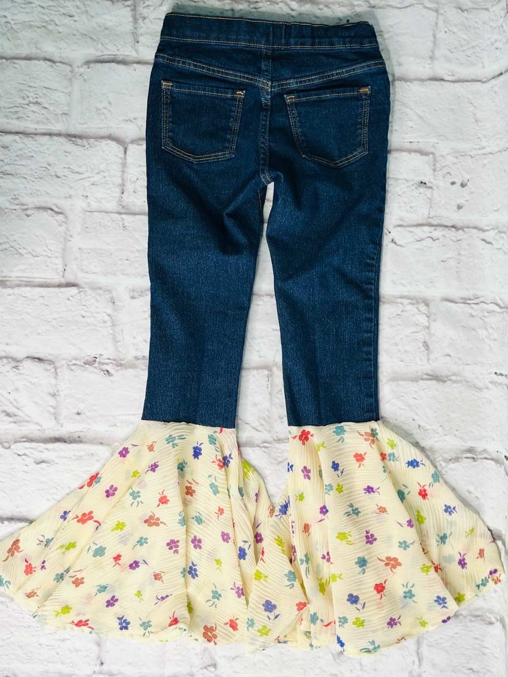Girls' upcycled Dark Blue Denim Bell-Bottoms with Cream Floral Ruffles size 8 - Picture 2 of 2